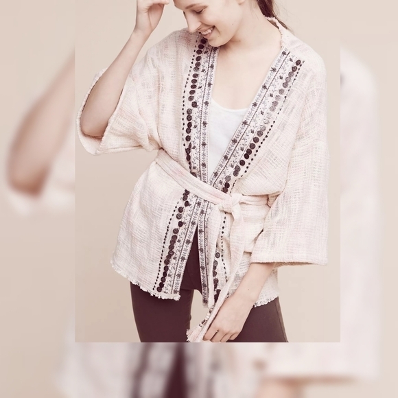 Anthropologie Beautiful Stories Livia Textured tweed Kimono One Size Pink boho - Picture 2 of 12